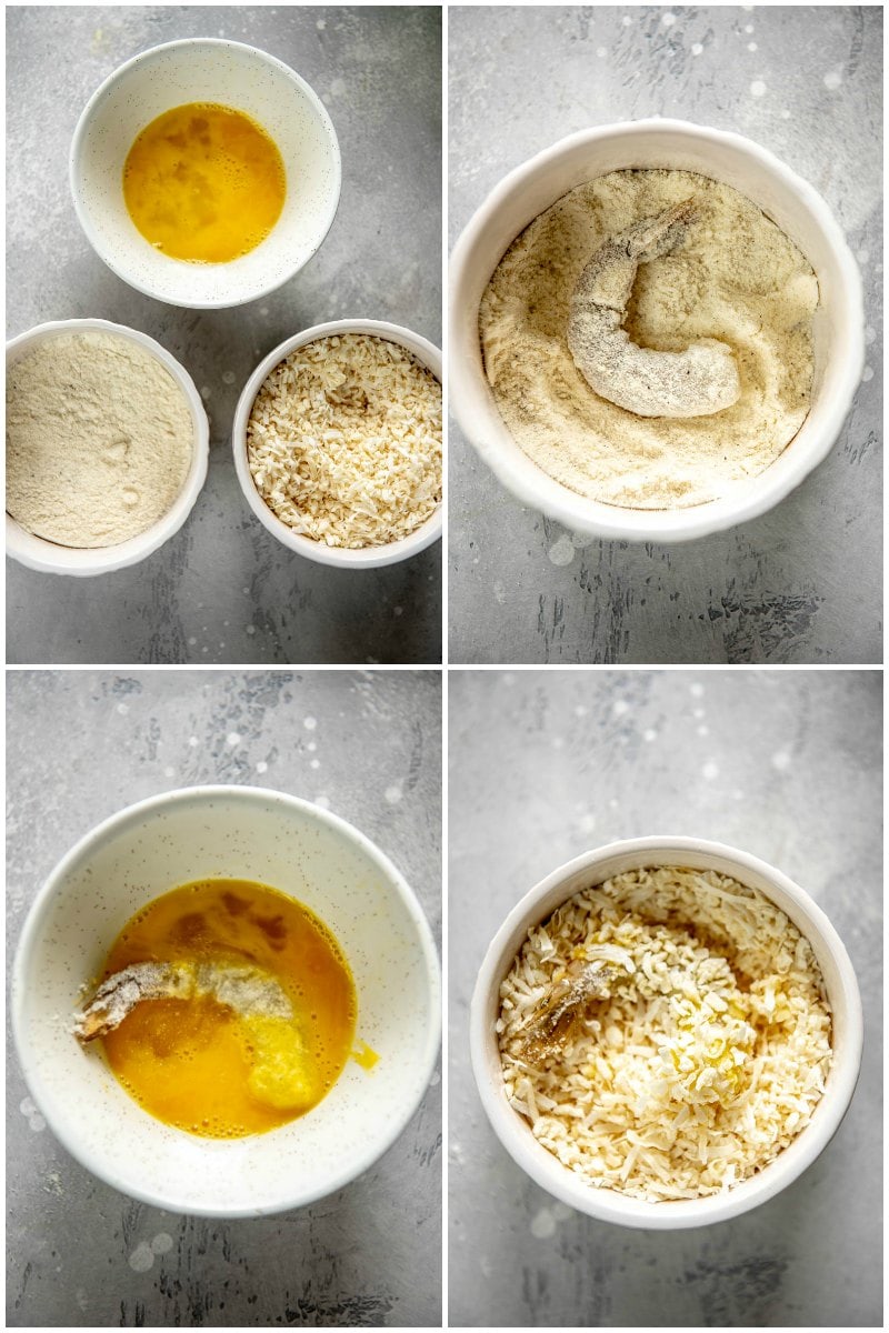 collage showing bowls with ingredients and step by step dipping shrimp
