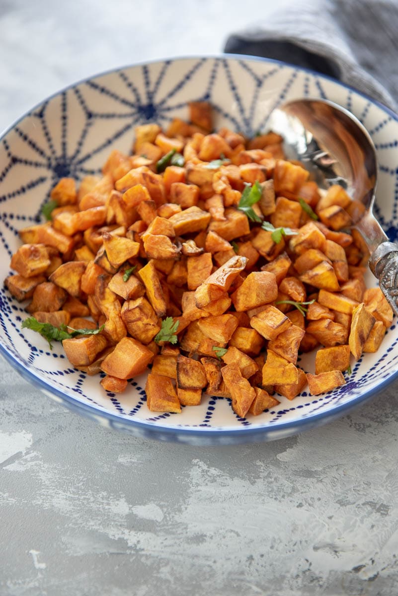 Air Fryer Sweet Potato Cubes - Garnished Plate