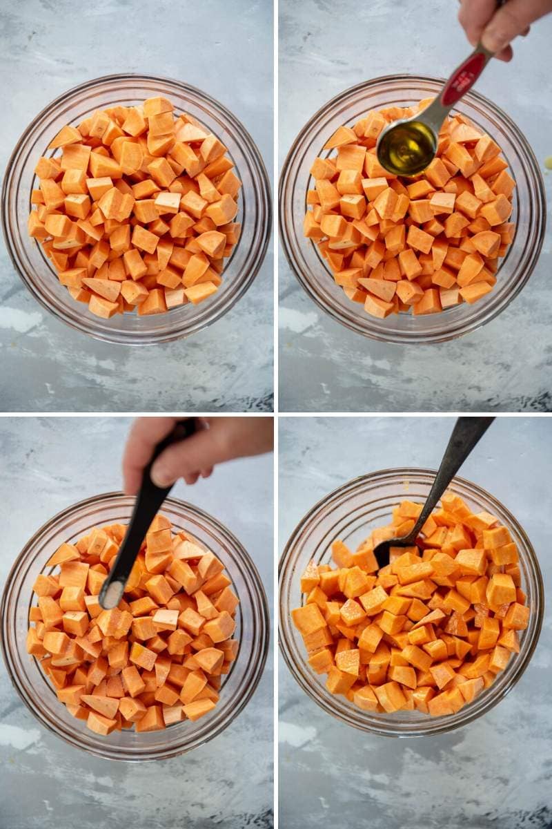 step by step collage adding oil and seasoning to sweet potato cubes in glass bowl
