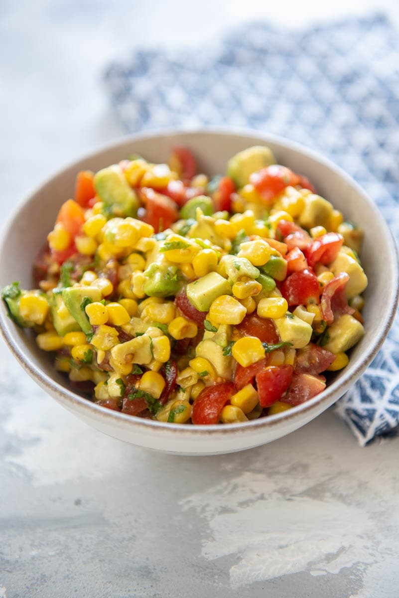 corn salsa in a gray bowl