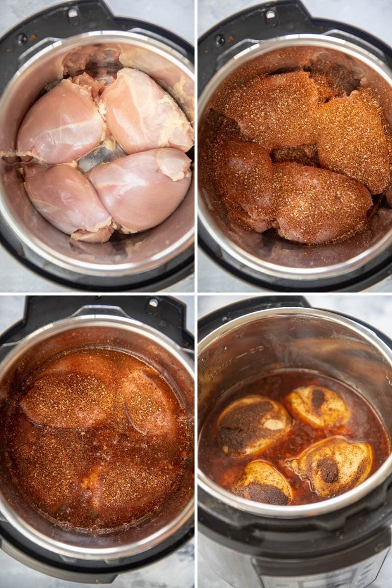 4 stages of seasoned chicken thighs cooking in Instant Pot