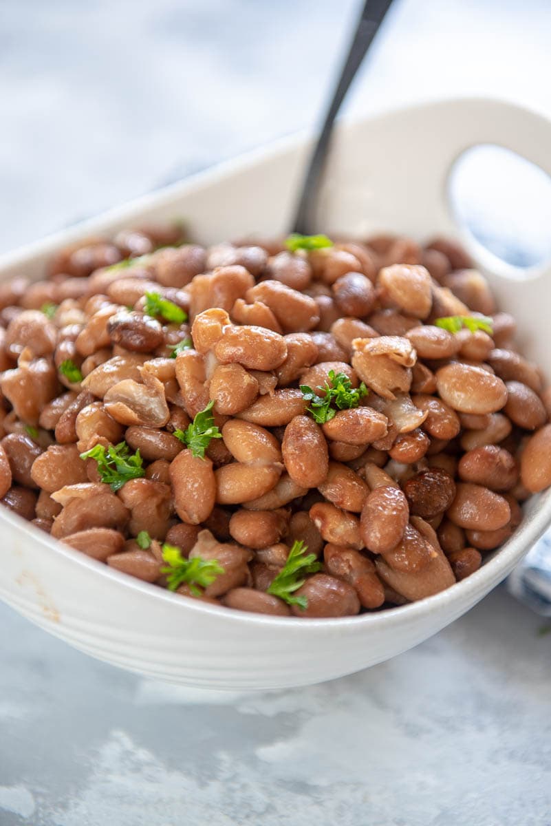 pinto beans in a white bowl with spoon