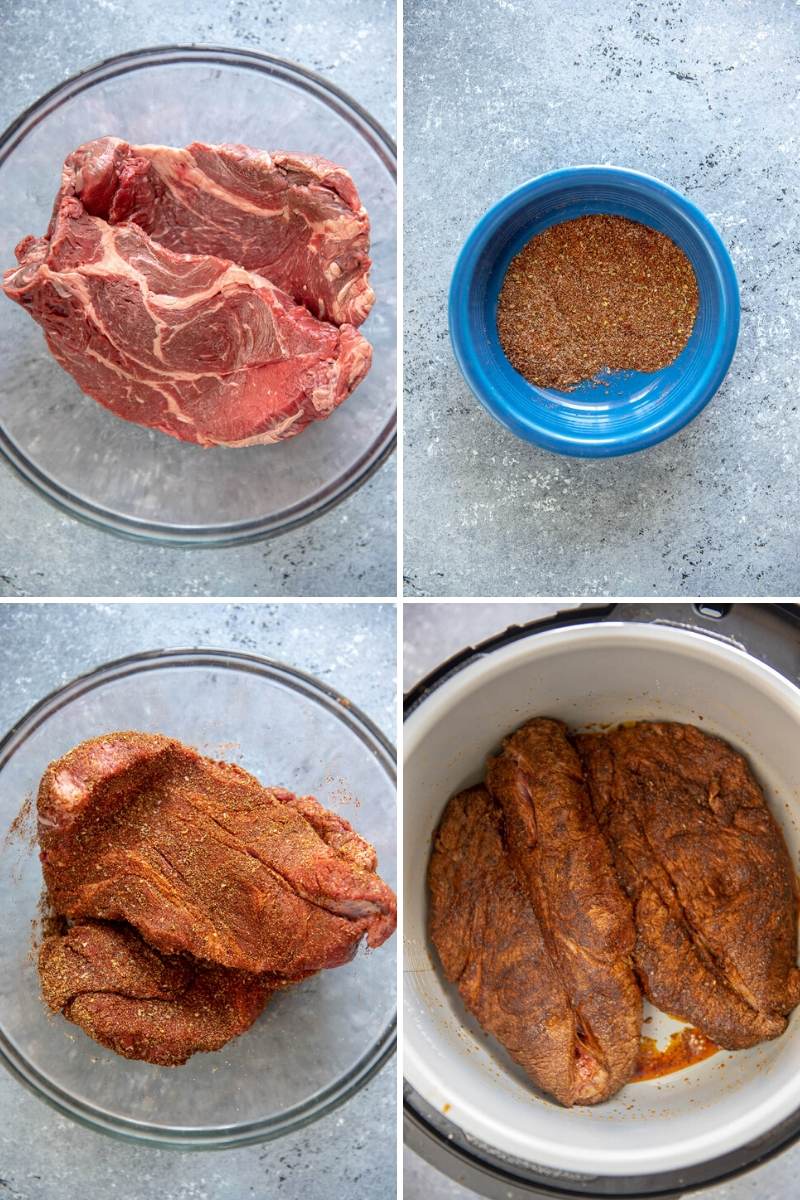 chuck roast and spices prepped in a bowl