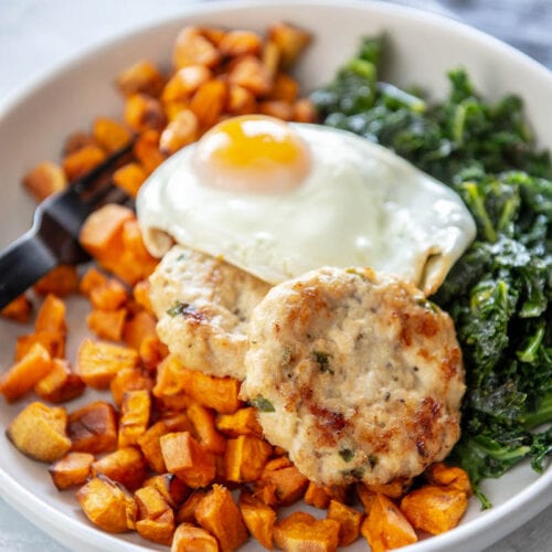 sweet potato, egg, and sausage in a bowl