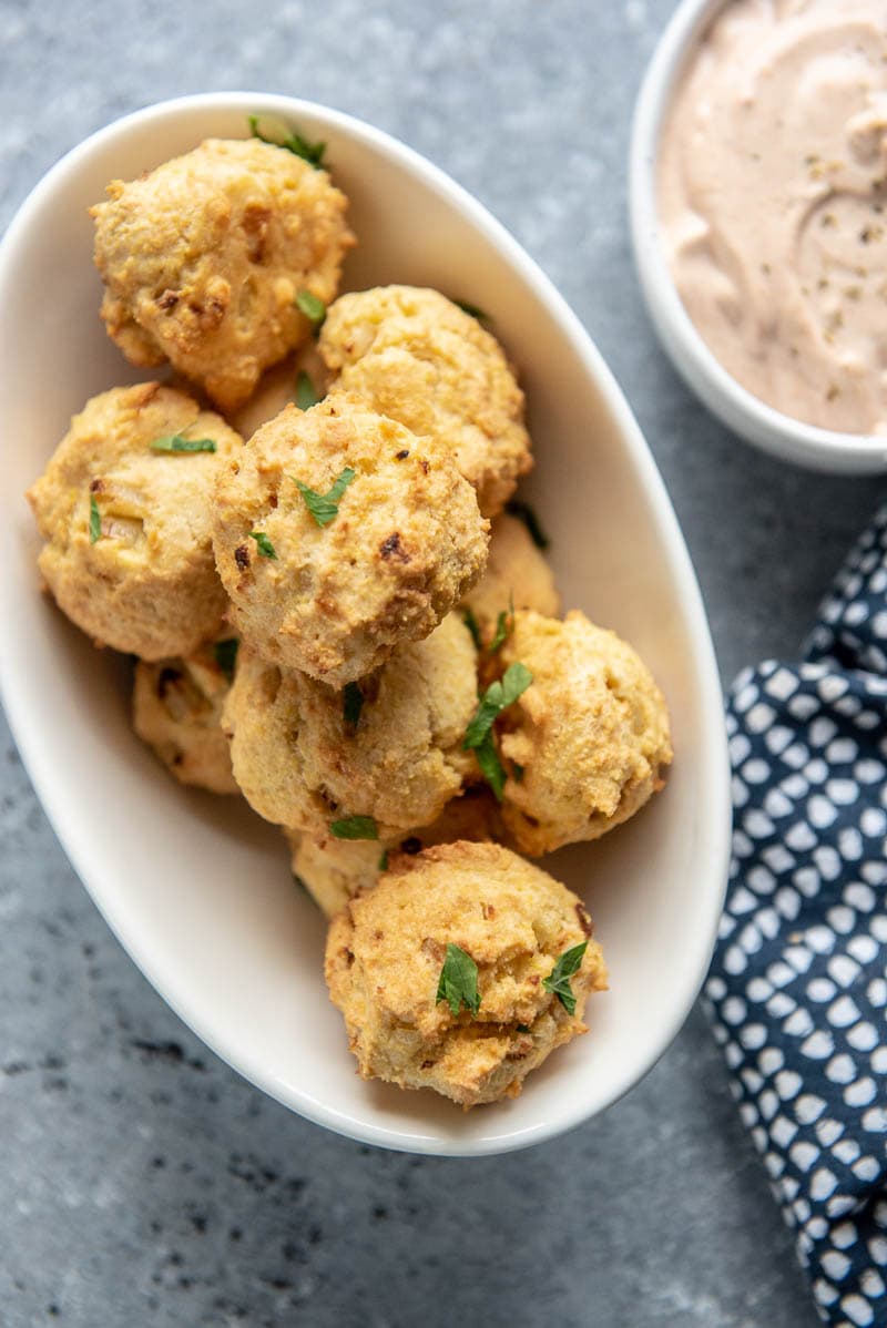 air fryer hush puppies in a white bowl