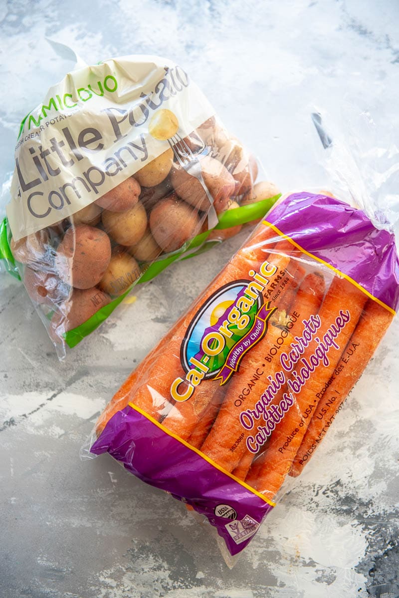 bag of potatoes and bag of carrots