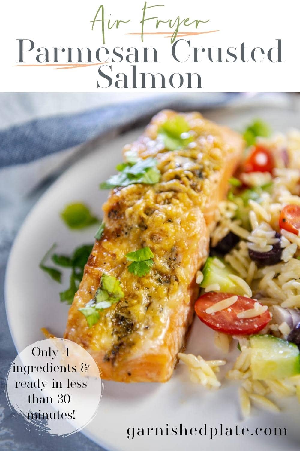 Air Fryer Parmesan Crusted Salmon Garnished Plate