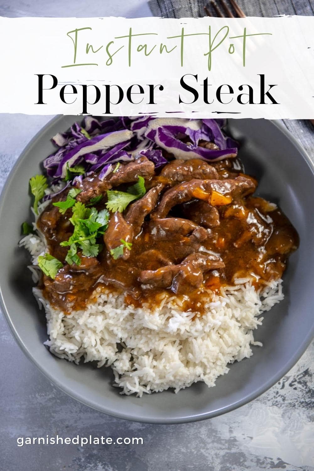 Instant Pot Pepper Steak Garnished Plate