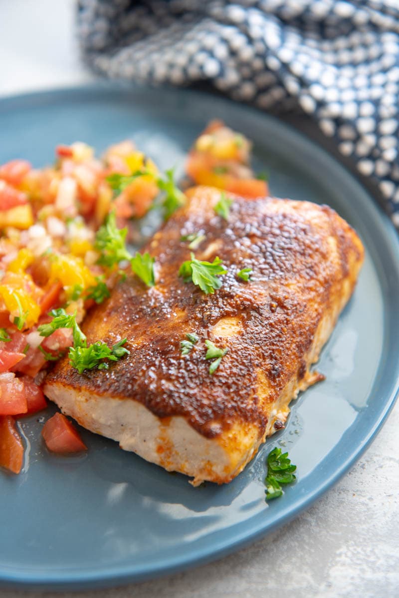 closeup of mahi mahi on a plate