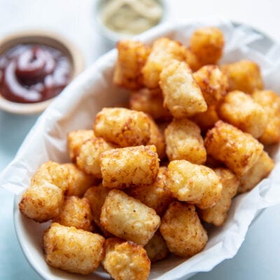 air fryer tater tots with ketchup and mustard