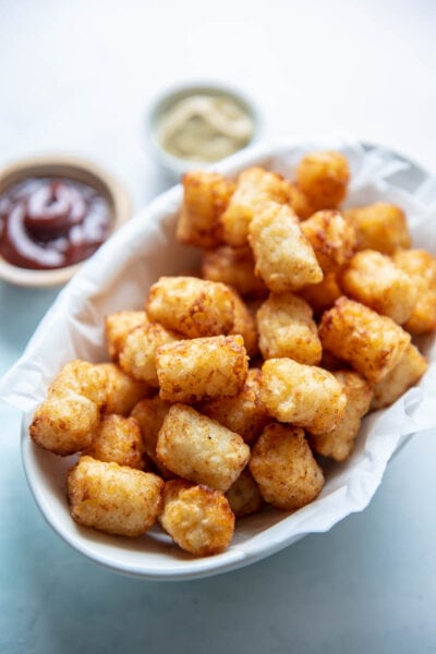 air fryer tater tots with ketchup and mustard