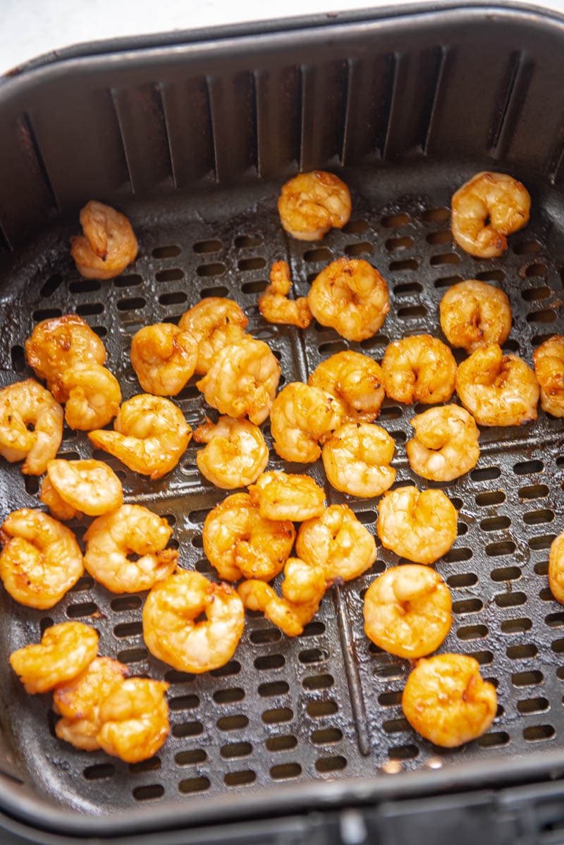 cooked sriracha shrimp in an air fryer