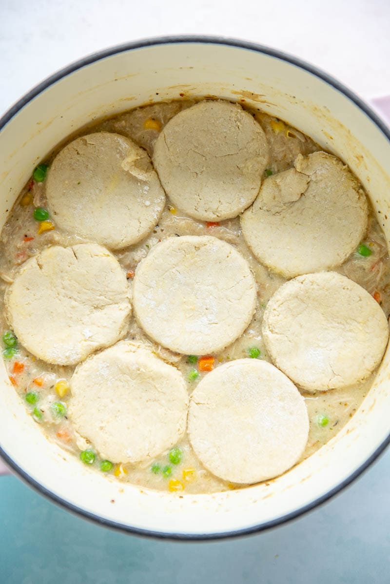 pot pie filling with biscuits on top in dutch oven