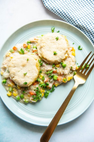 chicken pot pie on a plate with fork