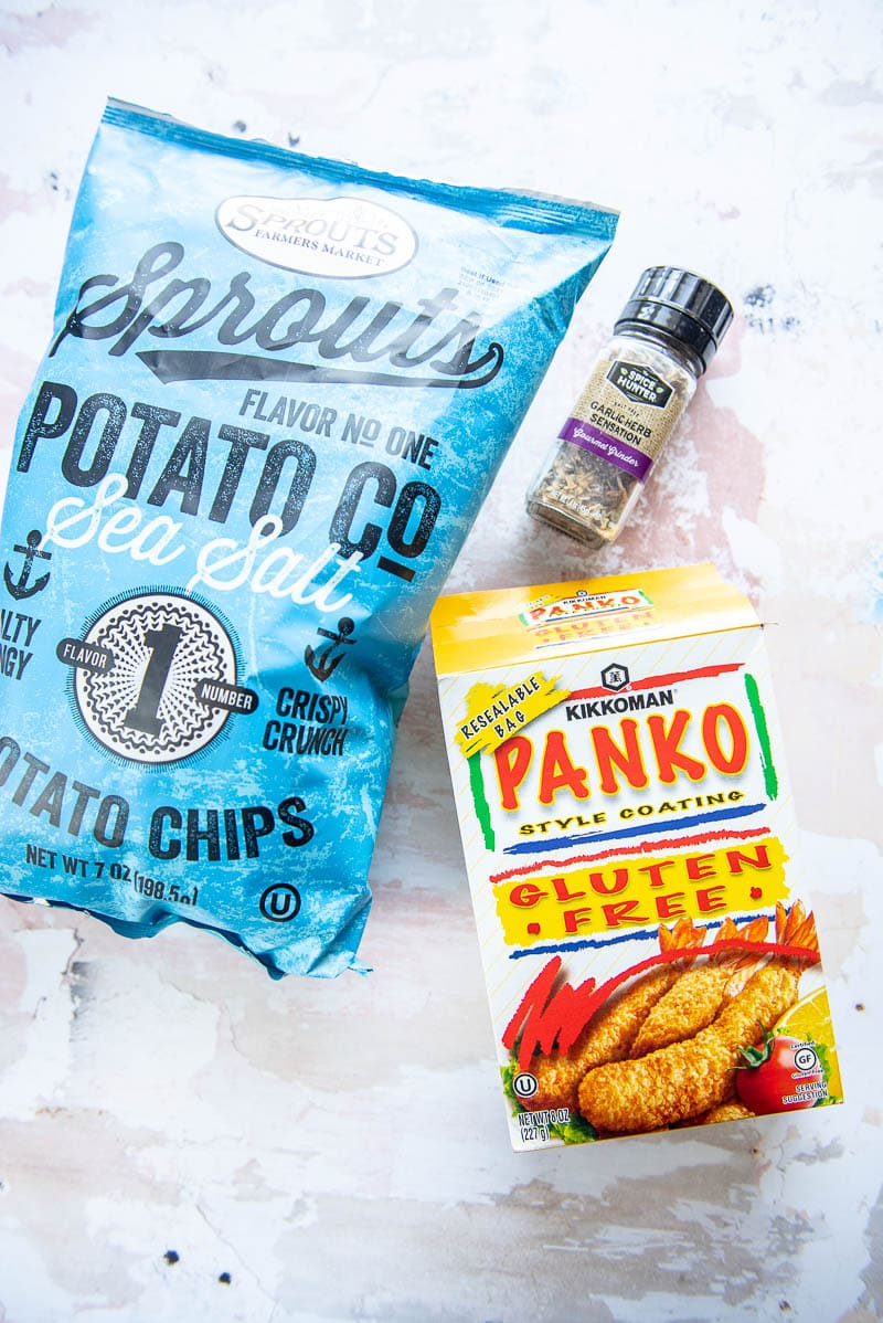 package of panko bread crumbs, jar of seasoning, and bag of potato chips