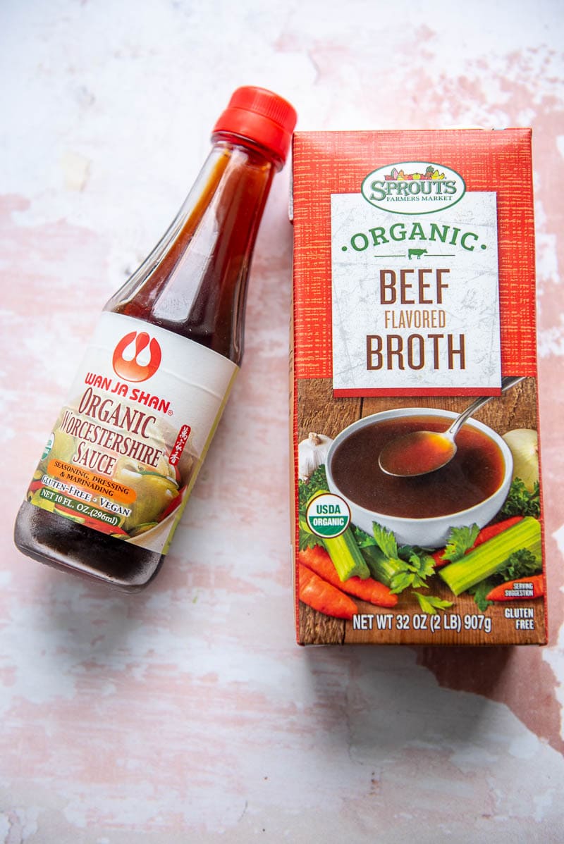bottle of Worcestershire sauce and box of beef broth 