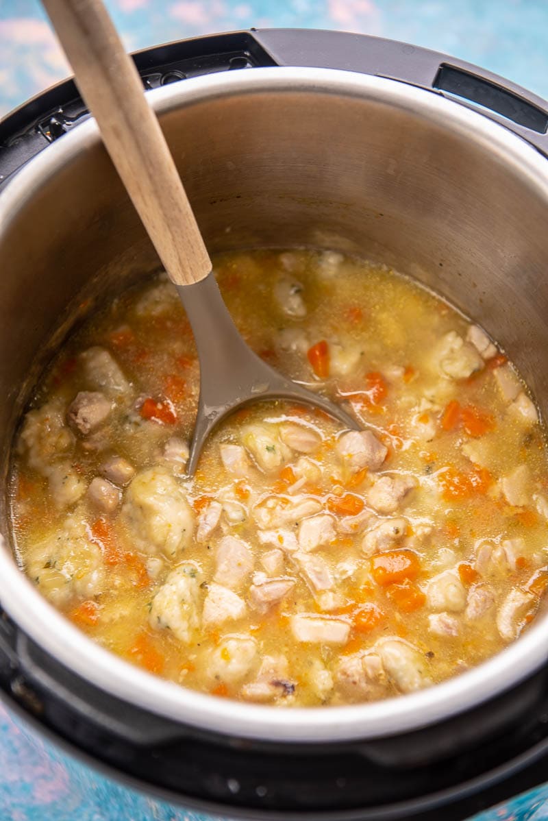 instant pot with chicken and dumplings and a wood handled ladle