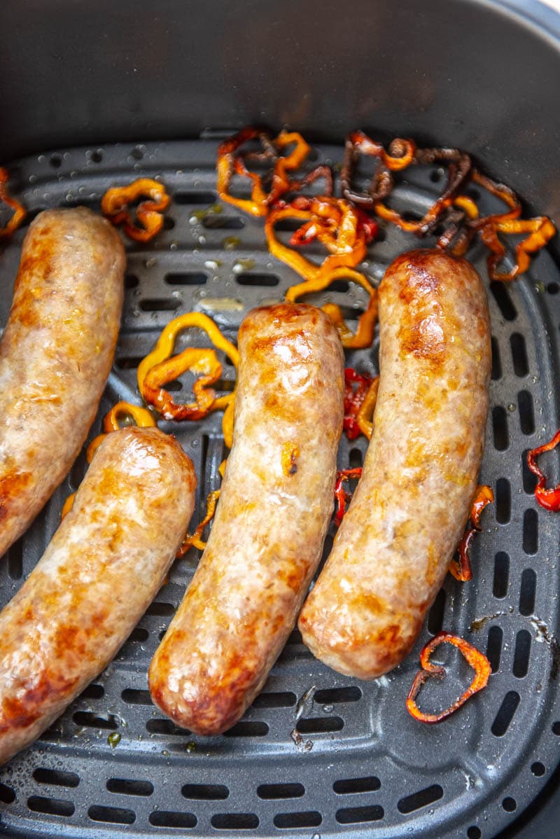 Air Fryer Bratwurst with Peppers Garnished Plate