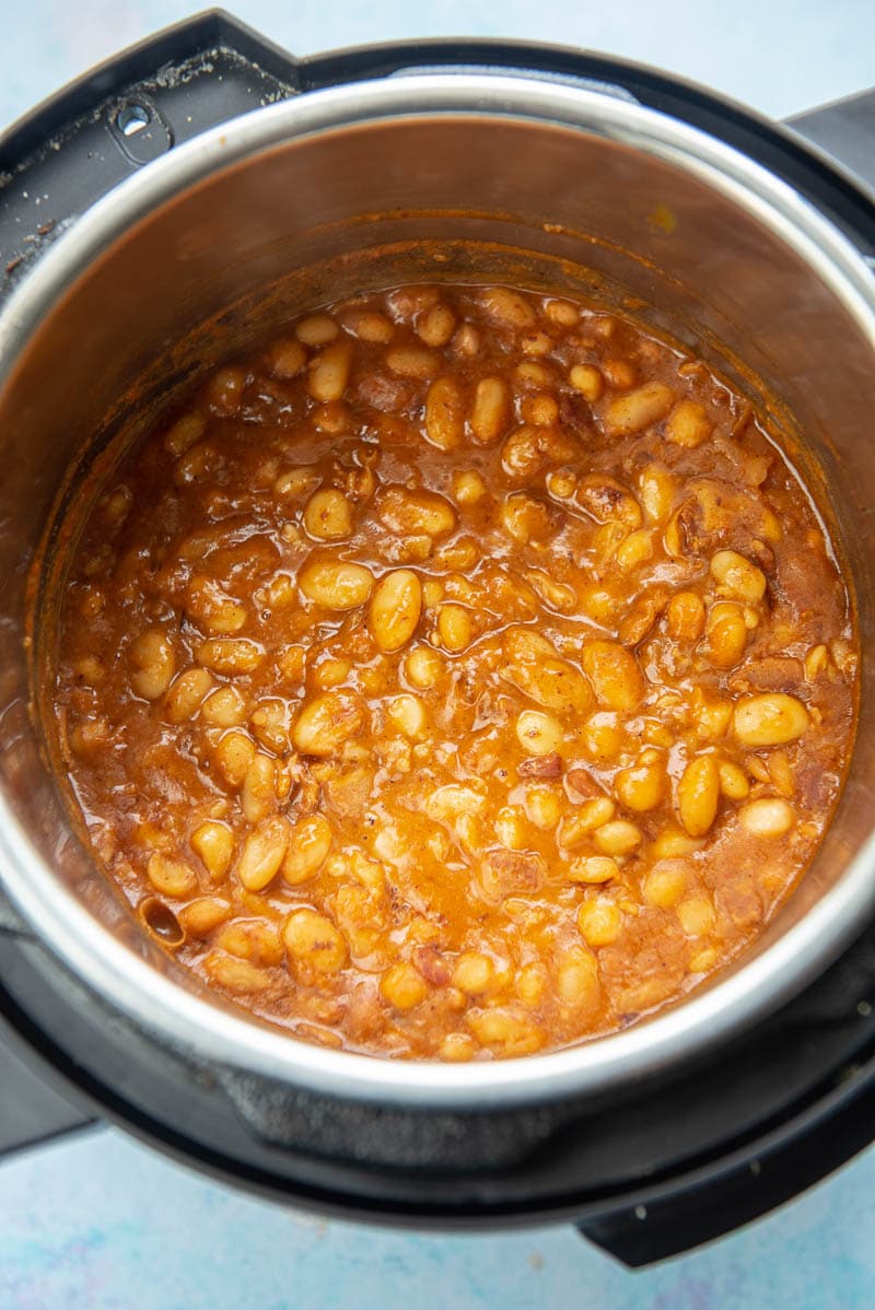 instant pot filled with baked beans