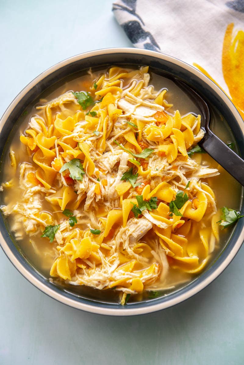 large bowl filled with chicken noodle soup