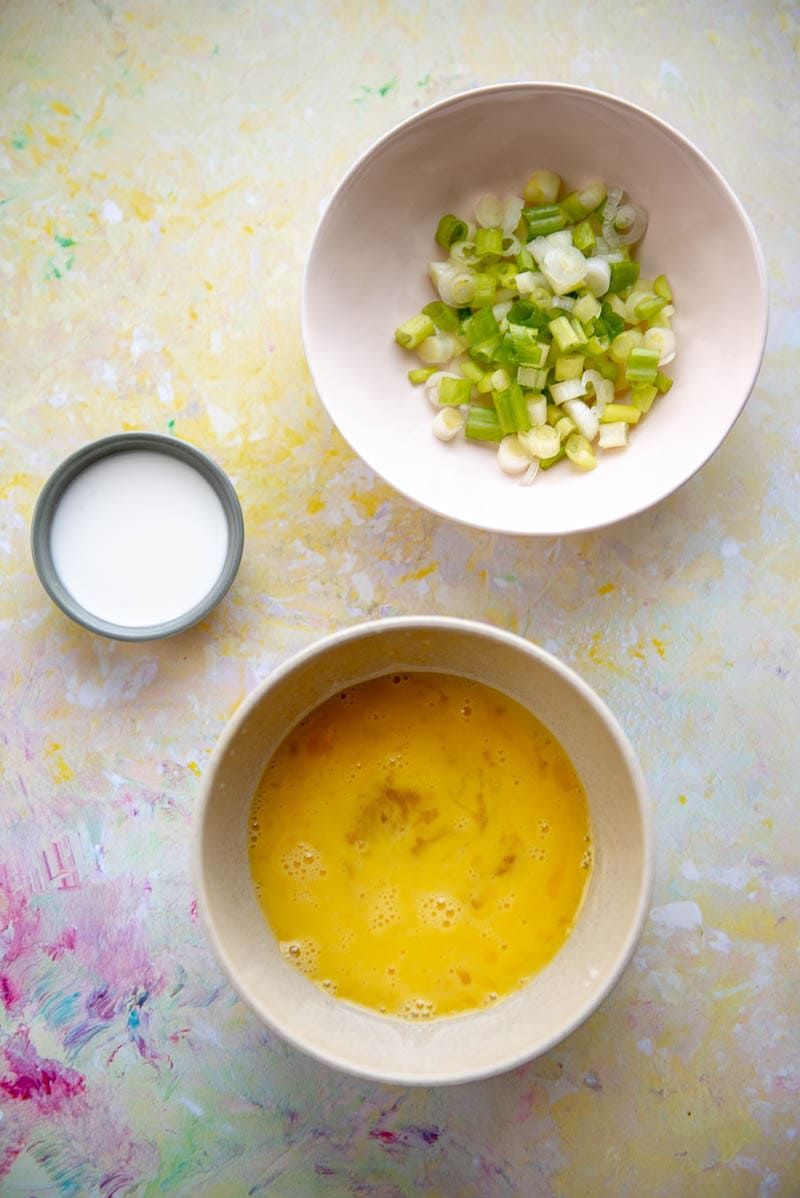 bowls with eggs, onions and slurry