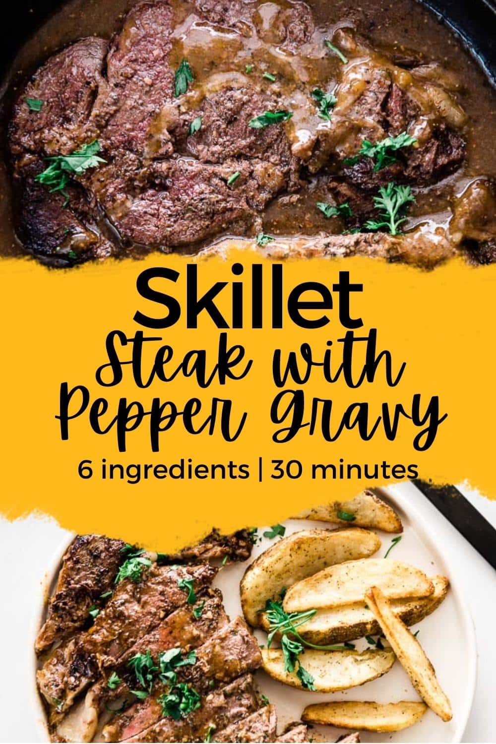 Simple Skillet Steak with Pepper Gravy - Garnished Plate