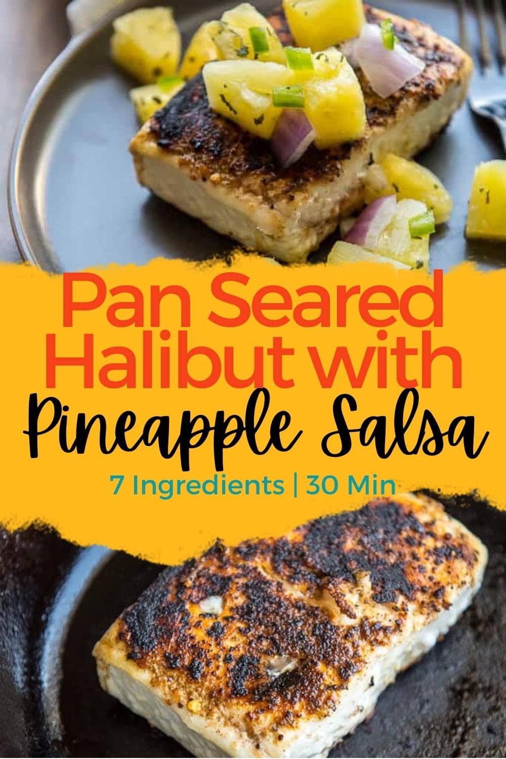 Pan Seared Halibut Recipe with Pineapple Salsa Garnished Plate
