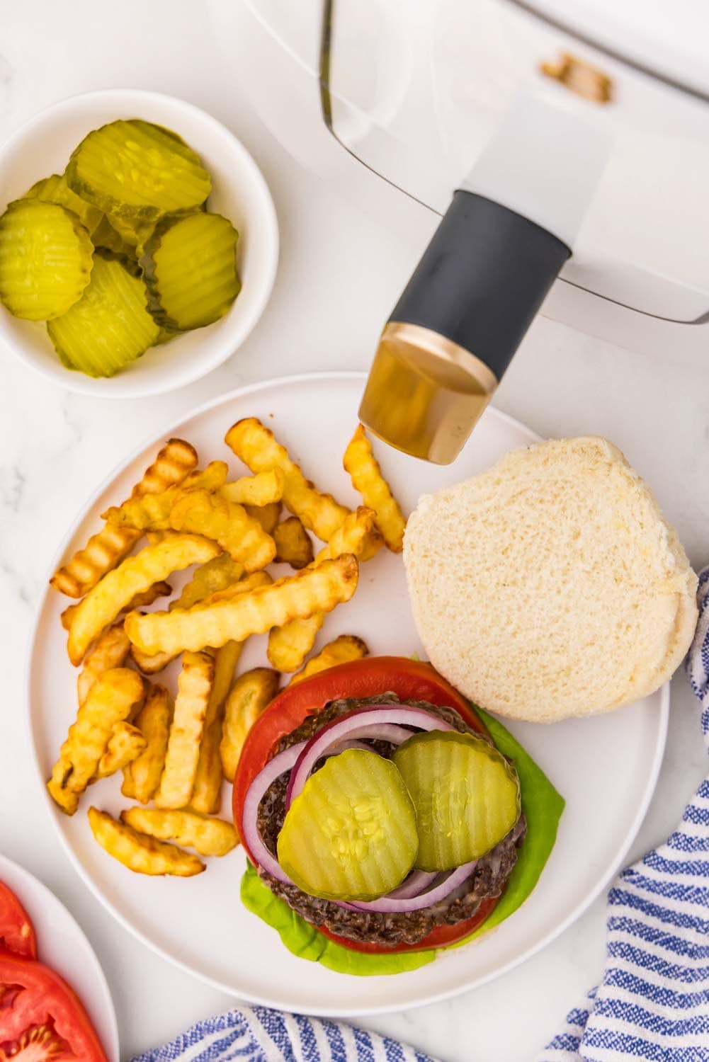 Open Burger served with tomato, ketchup, red onion, lettuce top bun off next to fries