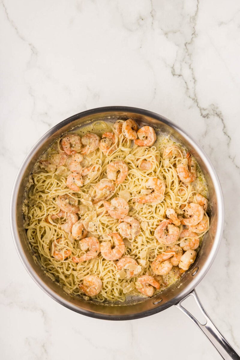 Cooked Lemon Garlic Shrimp Pasta in a skillet