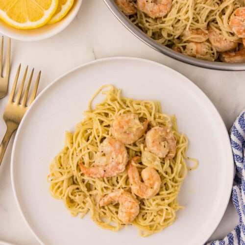 Lemon Garlic Shrimp Pasta served