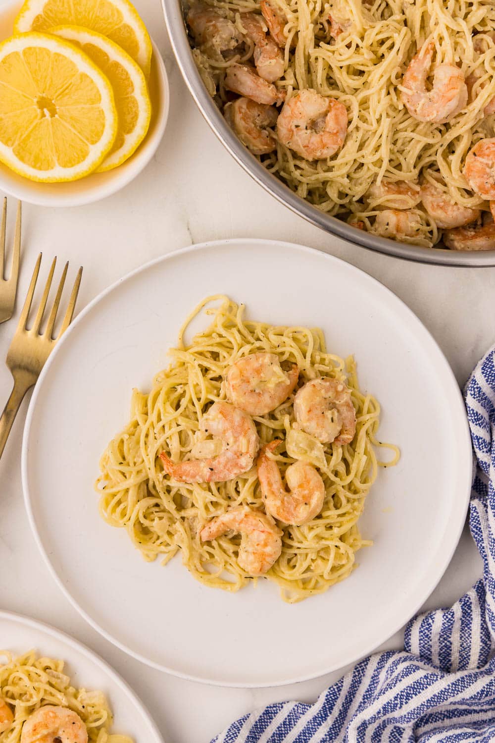 Lemon Garlic Shrimp Pasta served
