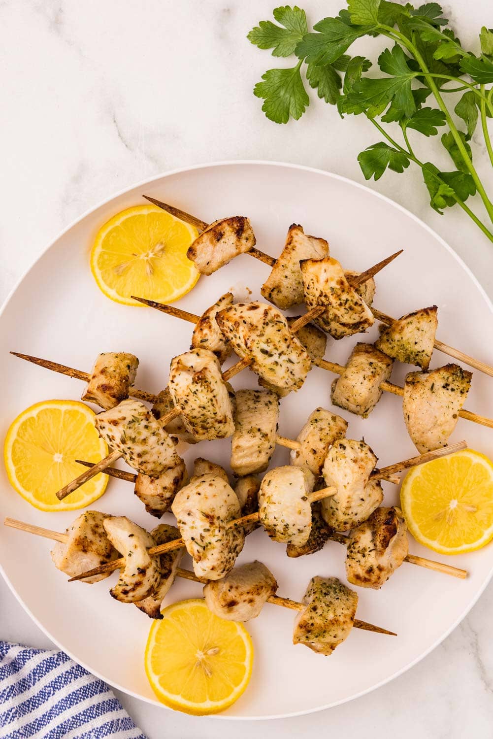 Herb Marinated Air Fryer Chicken Skewers served on plate
