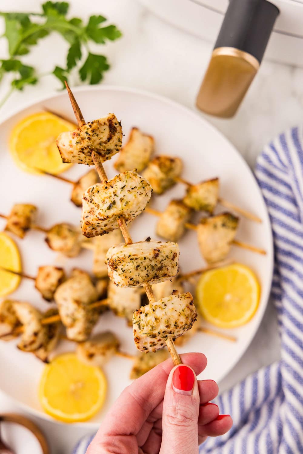 Herb Marinated Air Fryer Chicken Skewers served
