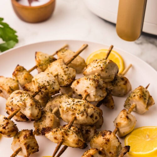 Herb Marinated Air Fryer Chicken Skewers served
