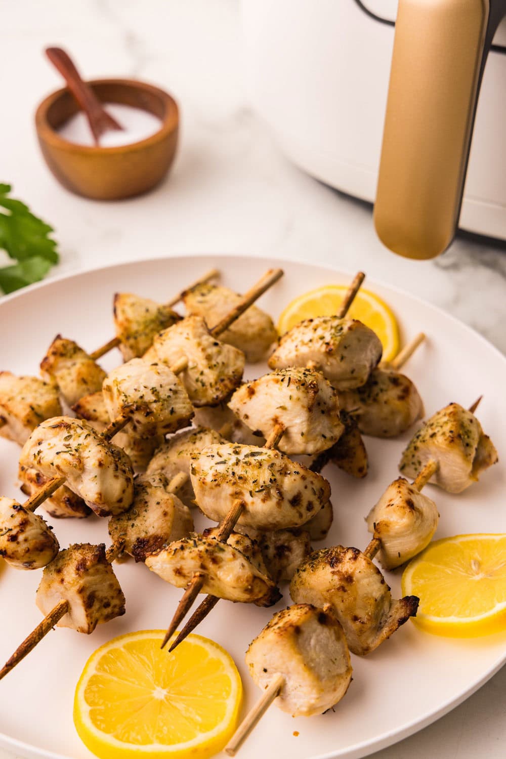 Herb Marinated Air Fryer Chicken Skewers served