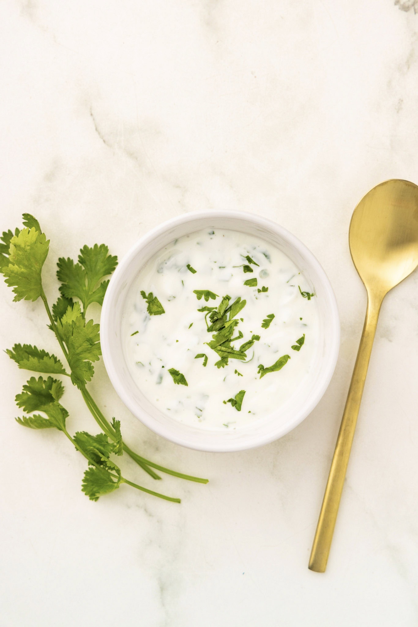 homemade ranch dip with spoon on marble background