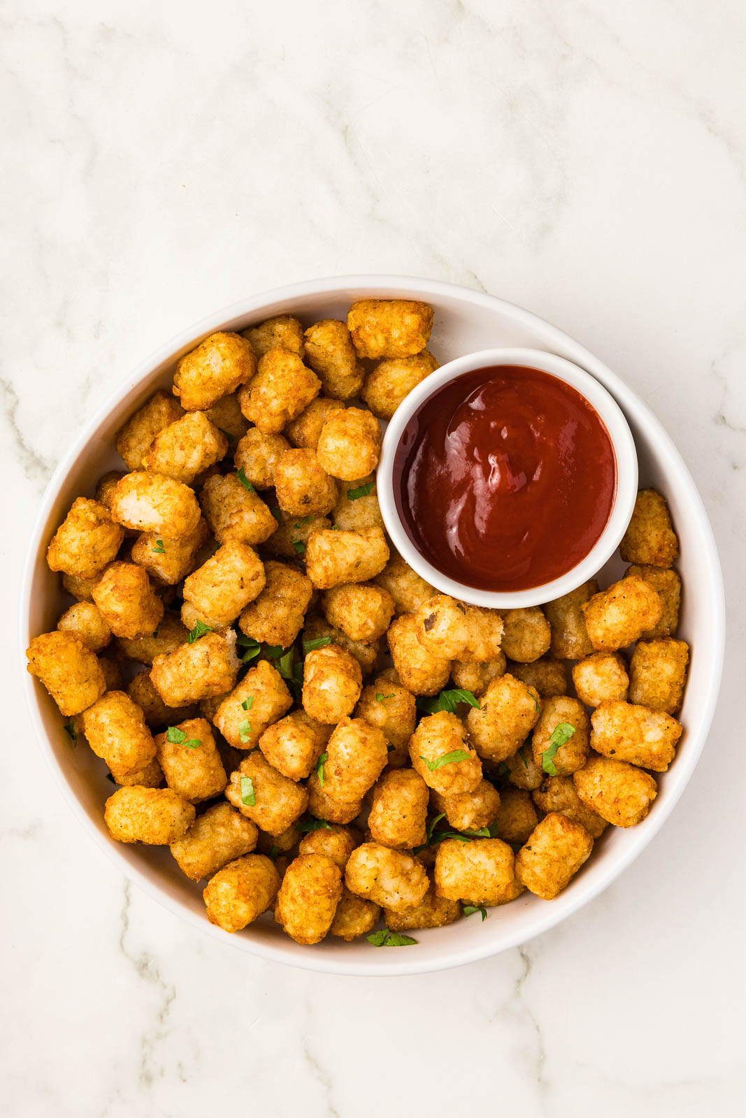 large white plate filled with air fried tater tots, garnished with parsley, with small bowl of ketchup