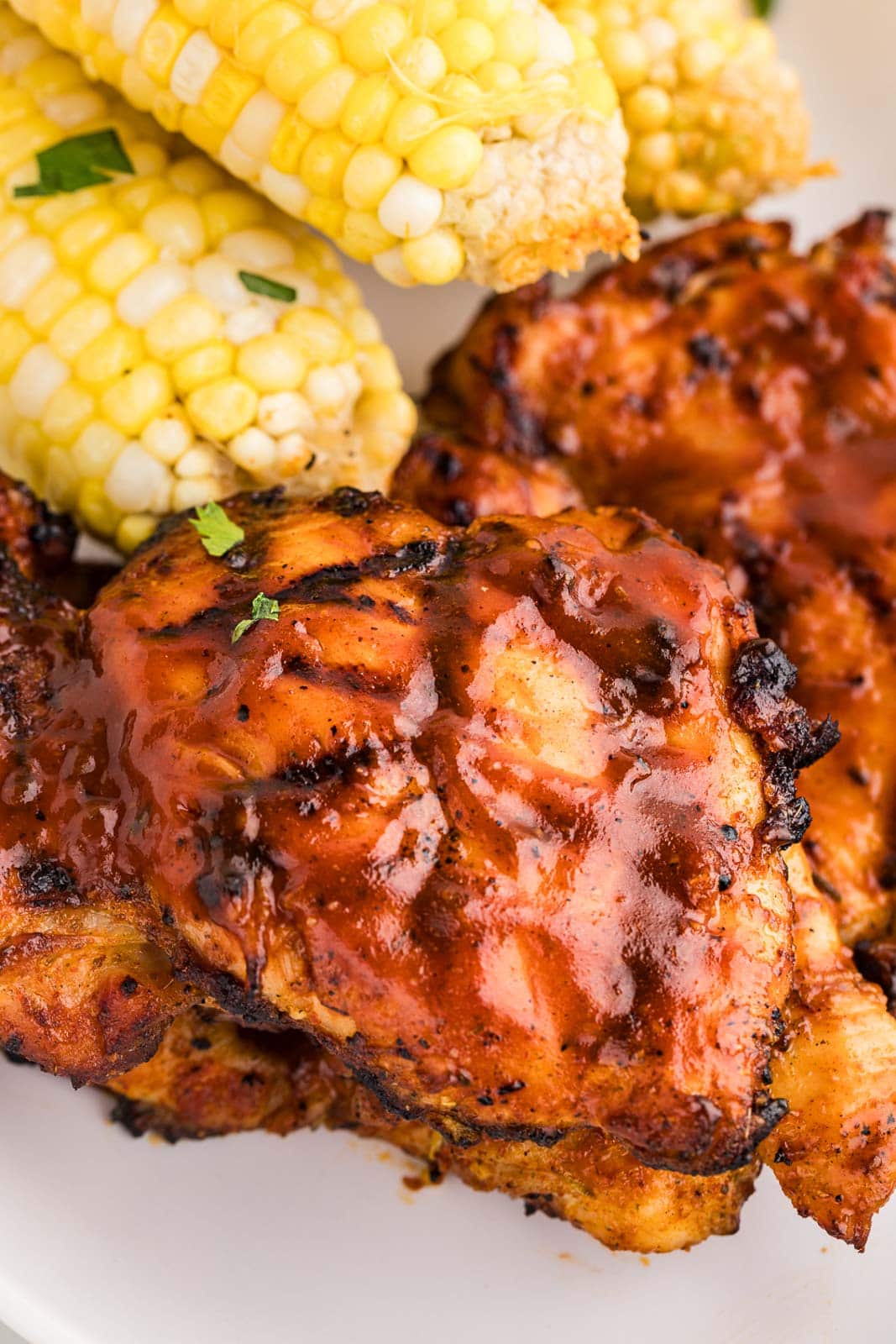 closeup of grilled BBQ chicken thighs with corn on cob