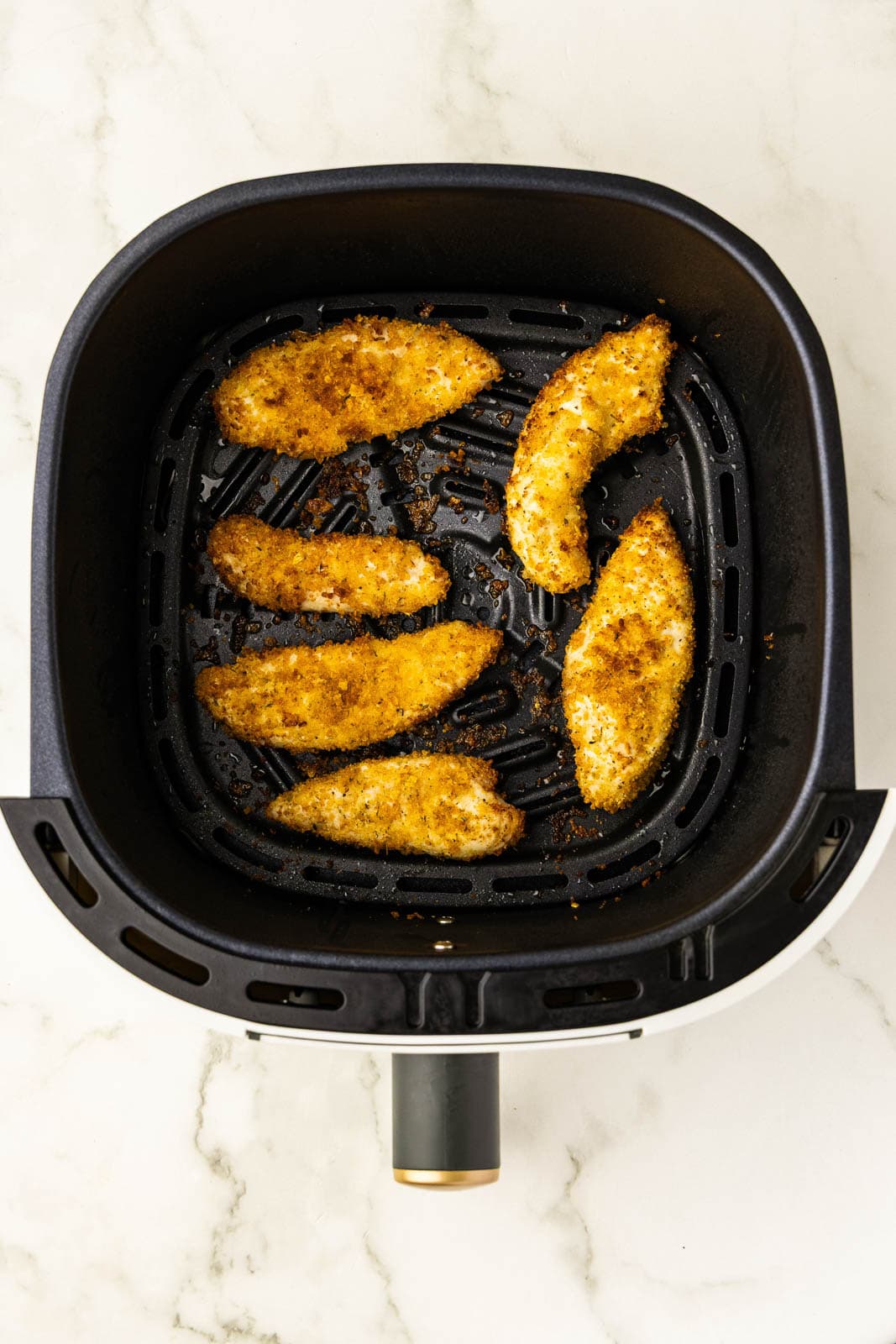 overhead view of 6 fried chicken tenders