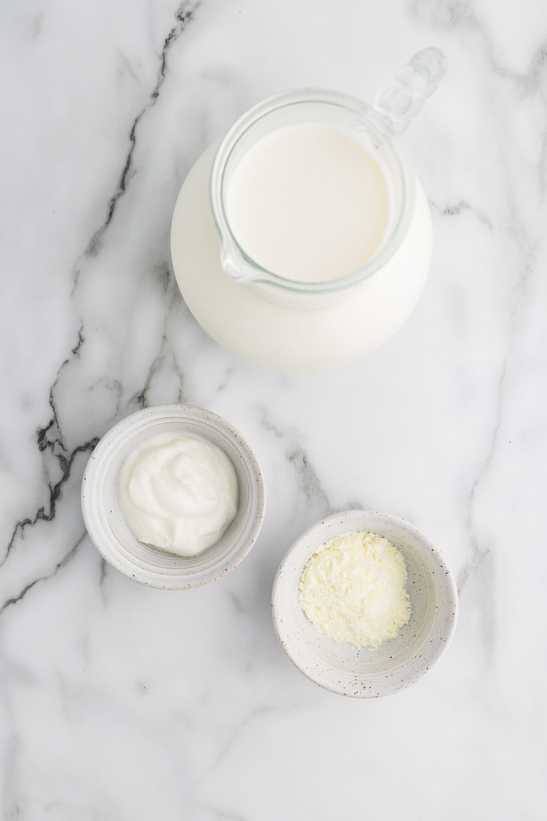 ingredients including pitcher of whole milk with 2 small bowls of yogurt and powdered milk