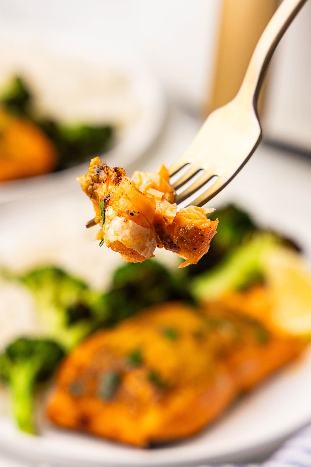 closeup of fork with salmon, with white dinner plate with salmon, broccoli and rice in the background