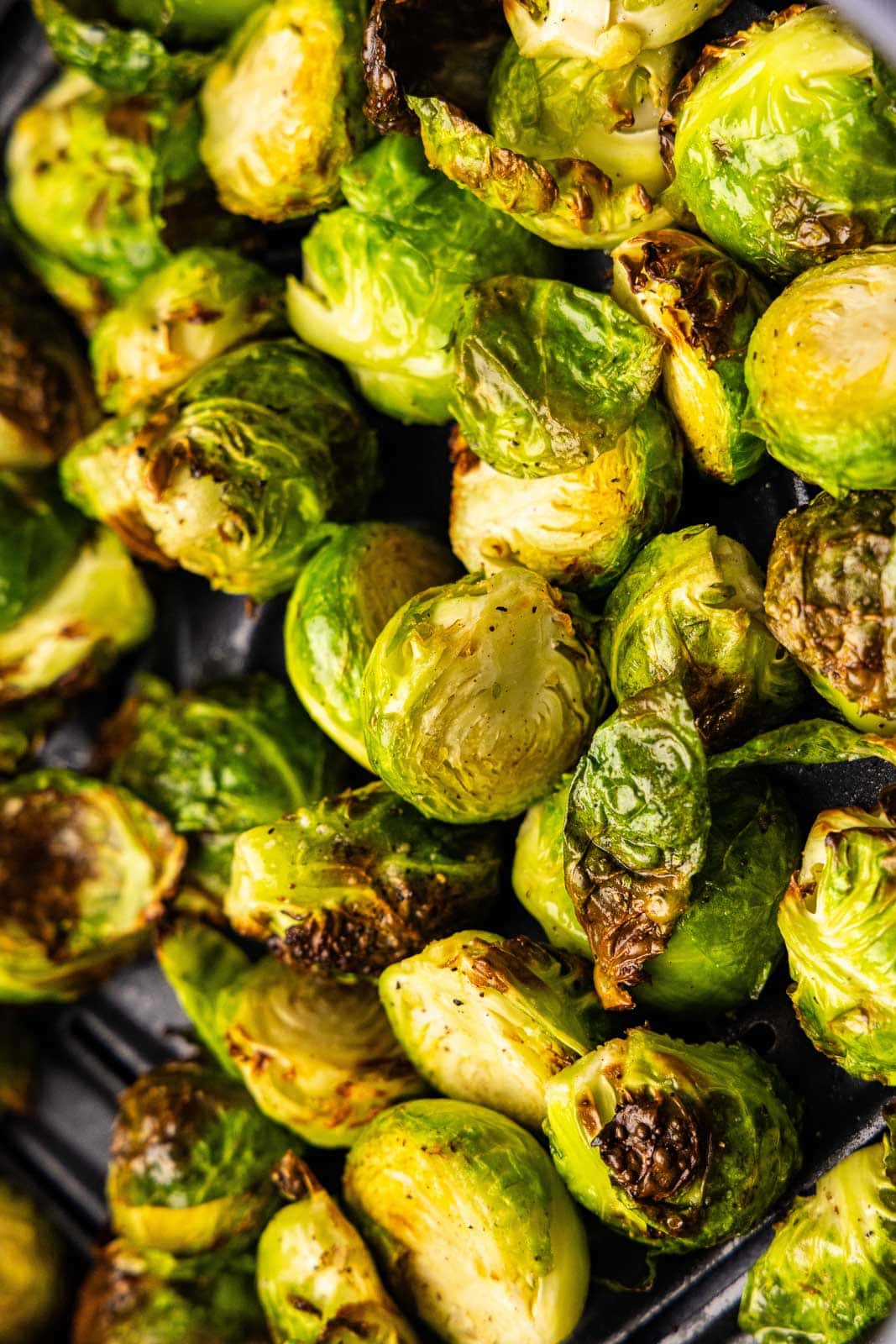 closeup of air fried Brussels sprouts