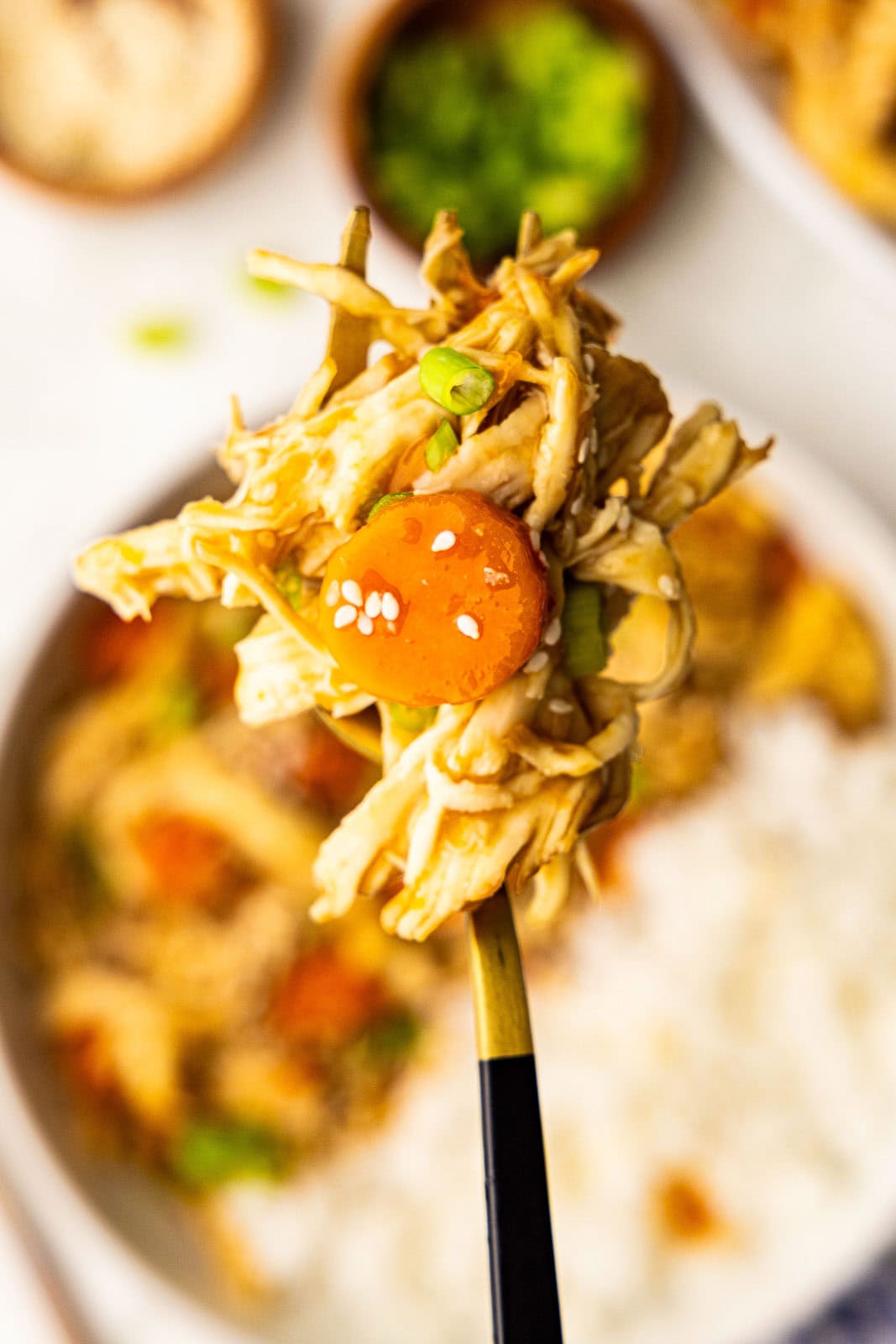closeup view of fork containing chicken and carrots with bowl of chicken, carrots and rice in background, as well as small bowls of sesame seeds and scallions