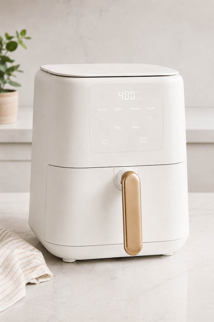 a white air fryer on a white kitchen counter